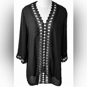 Miyang Regal Crochet Lace Tunic Top/Swim Cover Up XL Black 3/4 Sleeve Resort